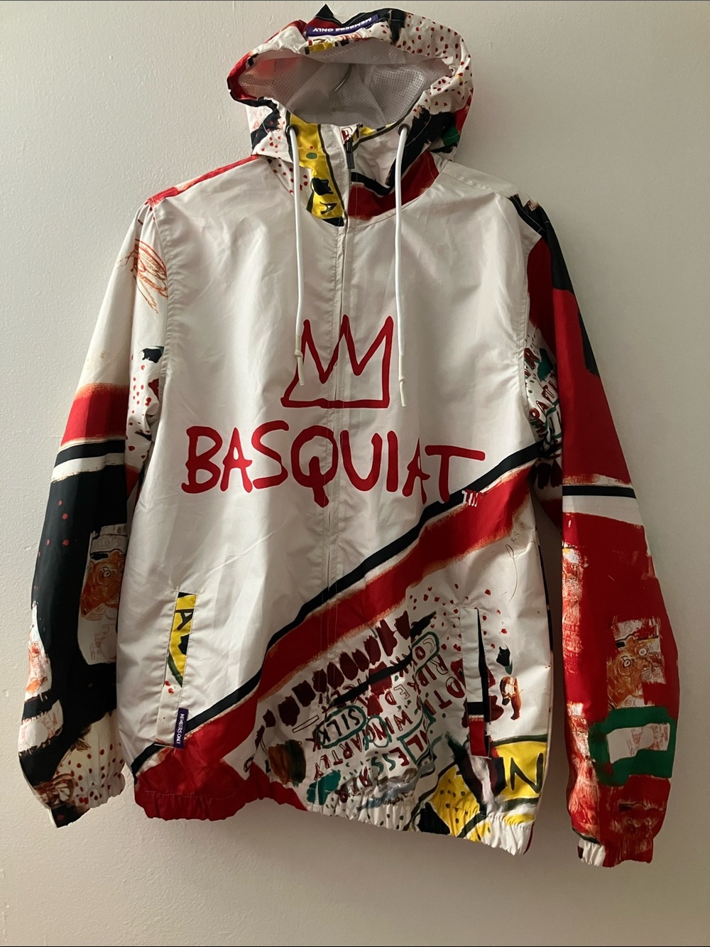 White & Red Basquiat Graphic Raincoat with Hood